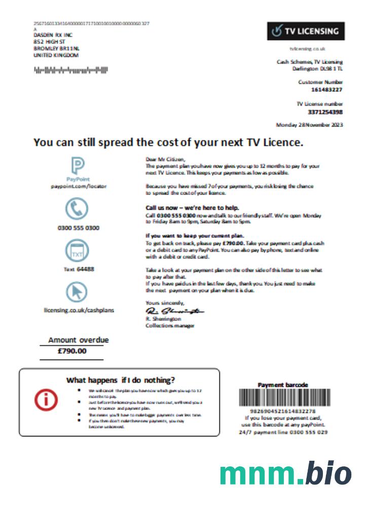 TV Licensing rachunek za usługi komunalne